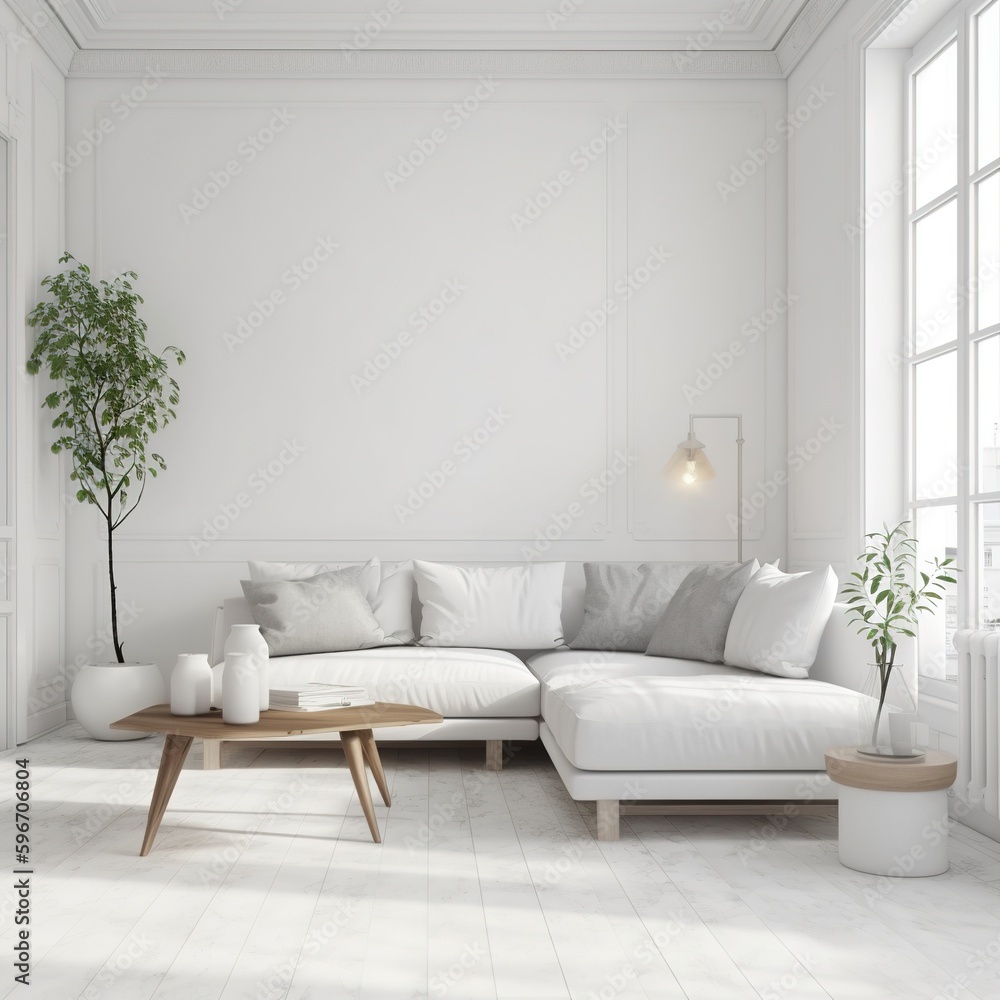 Idea of white minimalist room with sofa. generative ai Idea of white minimalist room with sofa. generative ai