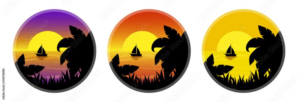 Marine background set. Sunrise or sunset on the sea. Round summer illustration. Vector clipart. Marine background set. Sunrise or sunset on the sea. Round summer illustration. Vector clipart.