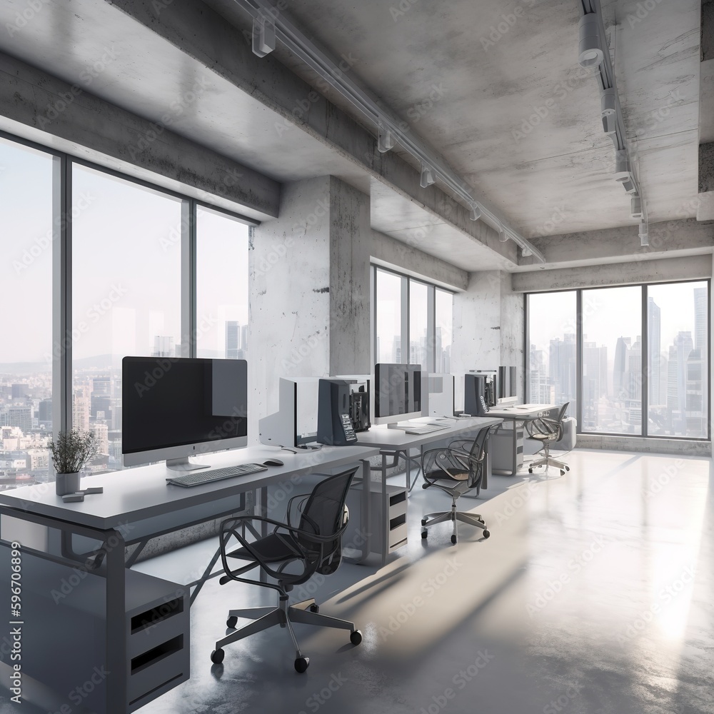 Modern office space with glass, concrete, and wooden floors, as well as city views and furnishings. generative ai