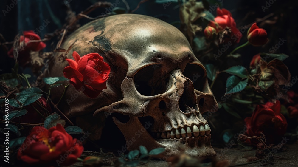 Bronze skull sculpture surrounded by vibrant red roses, morbid gothic castle table decoration, dark dimly lit scene - generative AI Bronze skull sculpture surrounded by vibrant red roses, morbid gothic castle table decoration, dark dimly lit scene - generative AI