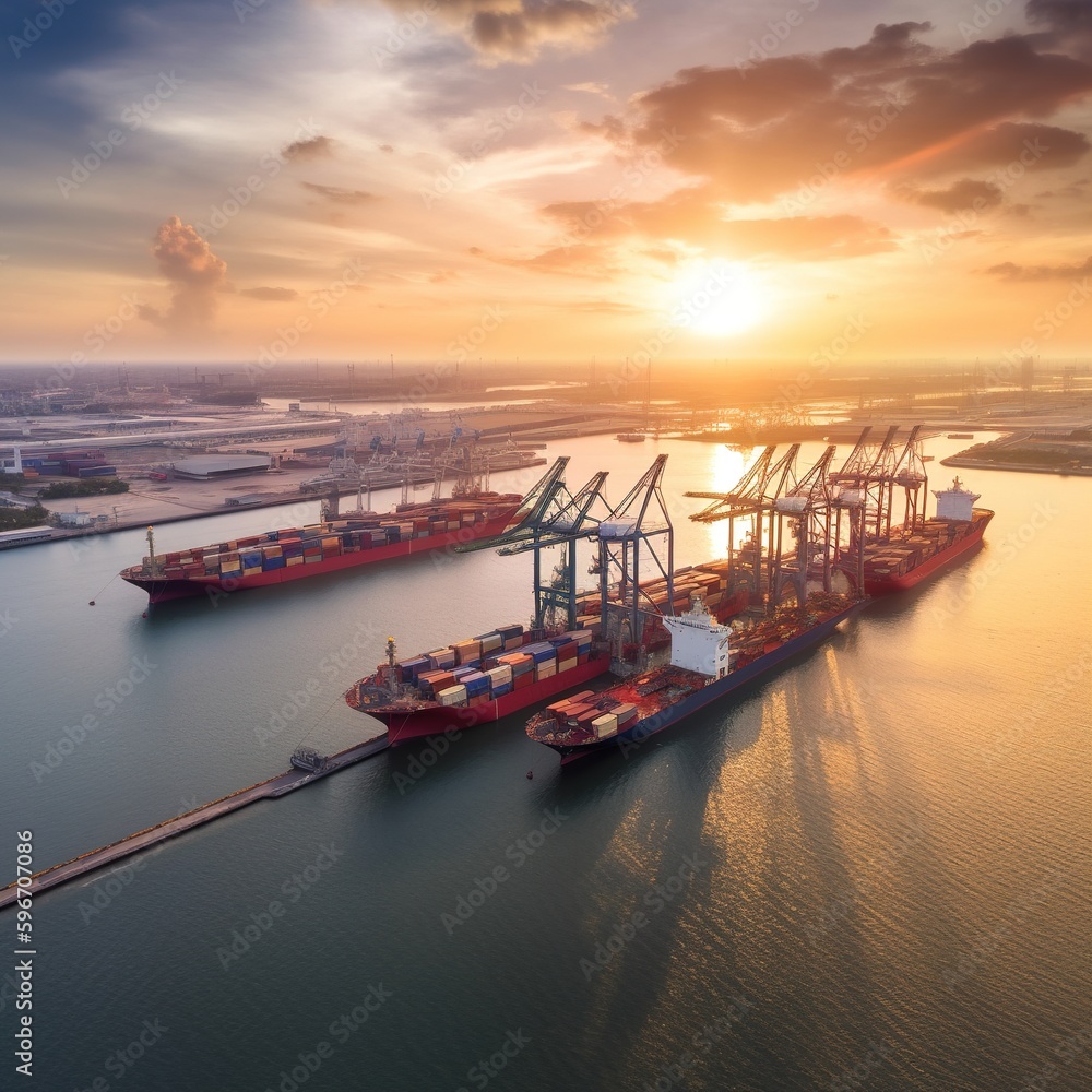 Container ship in export and import business and logistics. Shipping cargo to harbor by crane. Water transport International. Aerial view and top view. generative ai