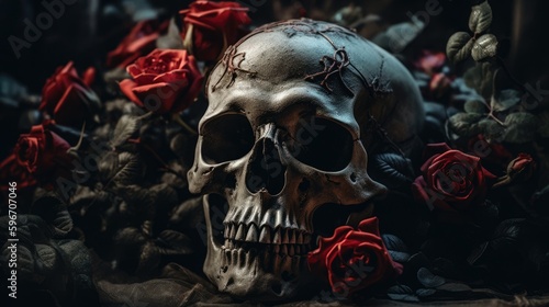Bronze skull sculpture surrounded by vibrant red roses, morbid gothic castle table decoration, dark dimly lit scene - generative AI