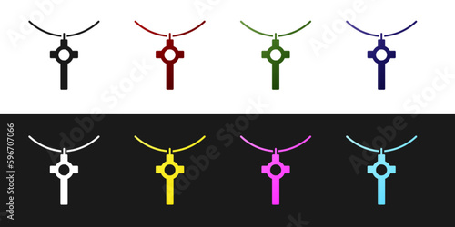 Set Christian cross on chain icon isolated on black and white background. Church cross. Vector Illustration