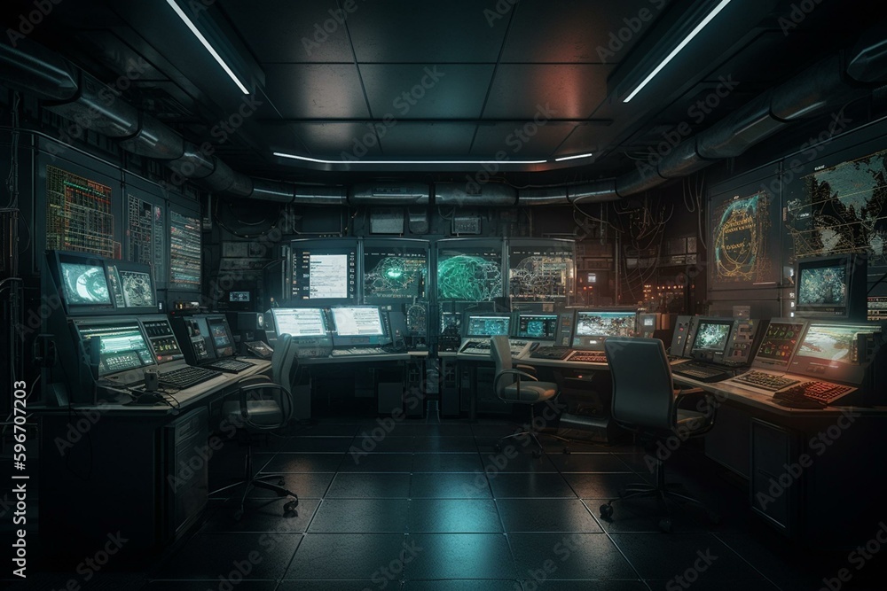 Sci-fi laboratory control room on dark G-floor. 3D rendered for wallpaper background. Generative AI