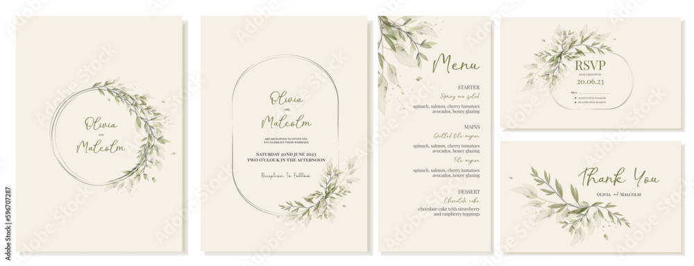 Watercolor style wedding invitations, thank you cards and menu. Rustic wedding inspired by nature. Vector