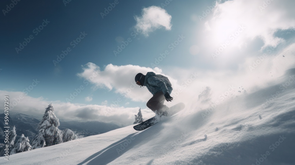 Snowboarder jumping in the mountains. Generative AI. Snowboarder jumping in the mountains. Generative AI.