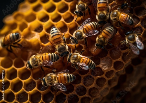 Honey bees on honeycomb. Generative AI. 