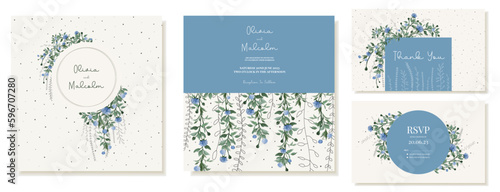 Vector set of square wedding invitation and thank you card templates in rustic style with watercolor hanging vines with blue flowers.