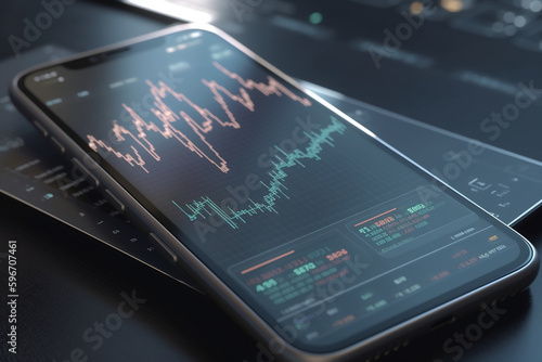 mobile phone on the screen of the monitor Stock Market Investment and Trading Analytics on Smartphone, Generative AI 