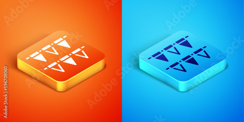 Isometric Carnival garland with flags icon isolated on orange and blue background. Party pennants for birthday celebration, festival decoration. Vector