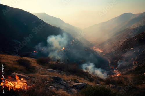 Dry, Mountainous Area With Smoke And Flames. Generative AI