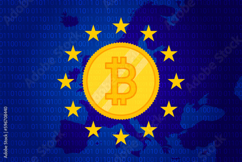 Obraz na płótnie MiCA - Markets in Crypto assets regulation flag of European Union and map of Europe background. Eu sign w salonie