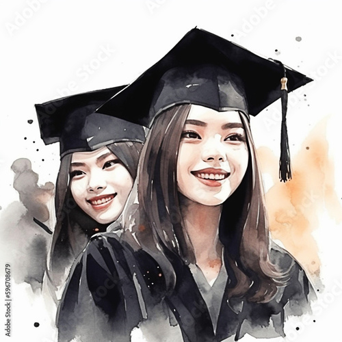 watercolor portrait of two happy students in graduation gowns on white background. Generative AI