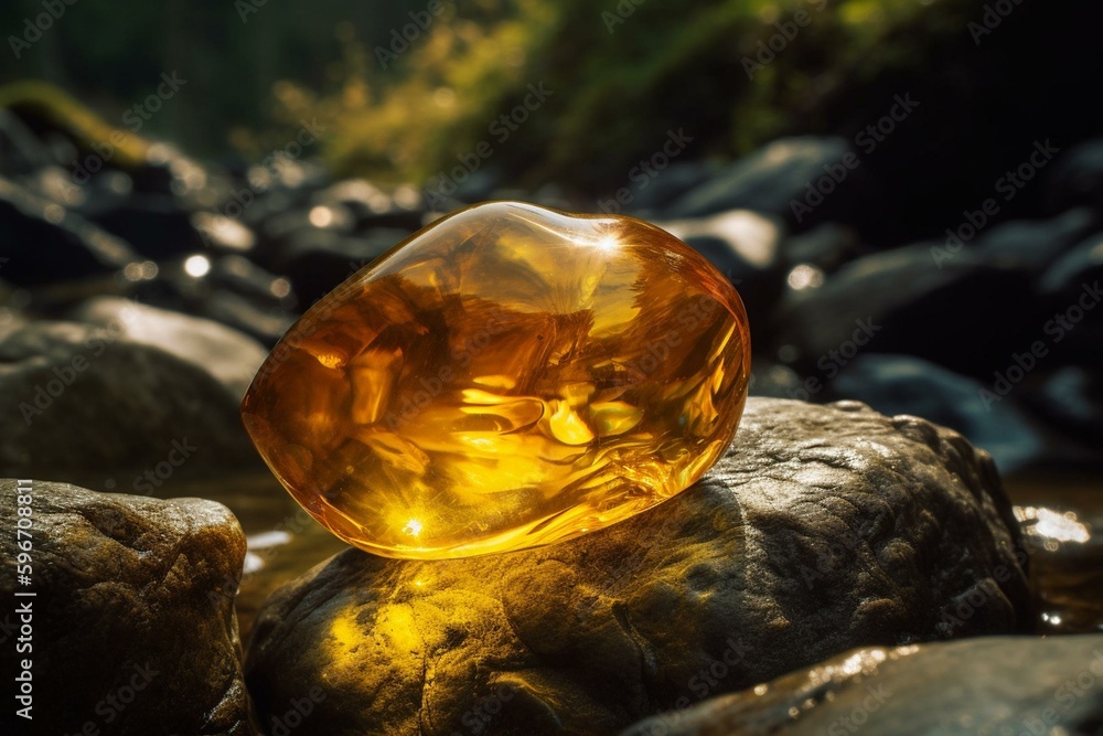 Beautiful translucent yellow gemstone in a mountain stream, perfect as a wallpaper or background. Generative AI