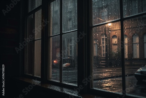 Rainy window with street light, building, lights and dark sky. Generative AI