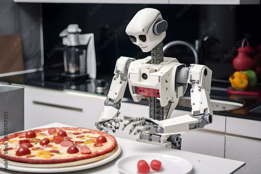 Robot domestic assistance cooking pizza. Artificial intelligence helping people with housework. Futuristic concept. Generated AI Robot domestic assistance cooking pizza. Artificial intelligence helping people with housework. Futuristic concept. Generated AI