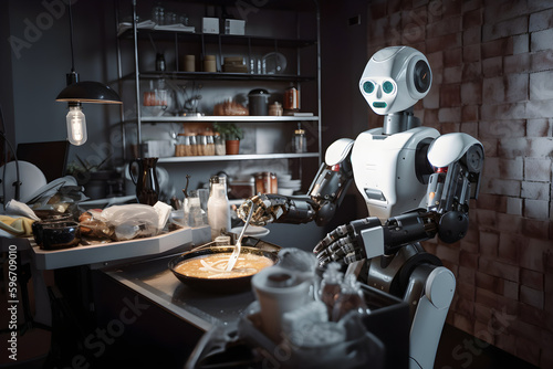 Robot domestic assistance cooking at home. Artificial intelligence helping people with housework. Futuristic concept. Generated AI