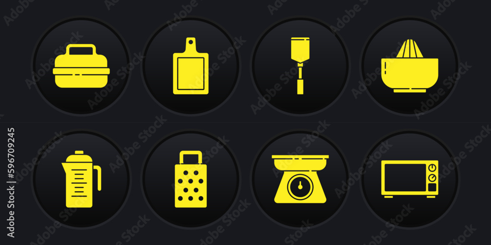 Set Teapot, Citrus fruit juicer, Grater, Scales, Spatula, Cutting board, Microwave oven and Cooking icon. Vector Set Teapot, Citrus fruit juicer, Grater, Scales, Spatula, Cutting board, Microwave oven and Cooking icon. Vector