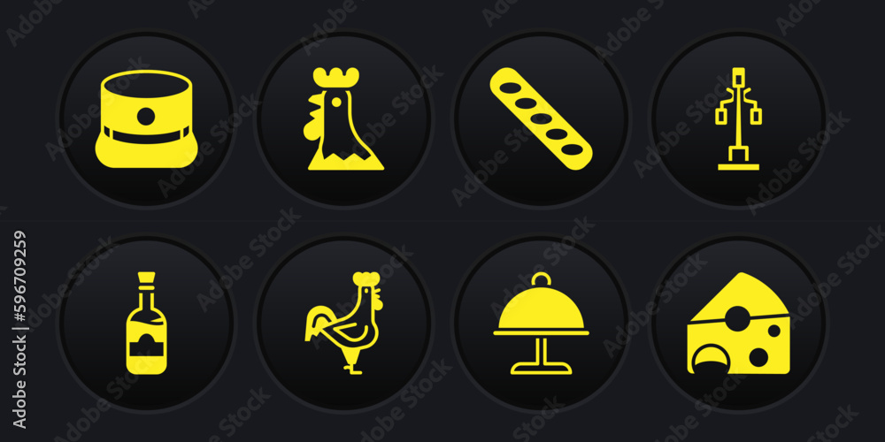 Set Bottles of wine, Street light, French rooster, Covered with tray, baguette bread, Cheese and Kepi icon. Vector Set Bottles of wine, Street light, French rooster, Covered with tray, baguette bread, Cheese and Kepi icon. Vector