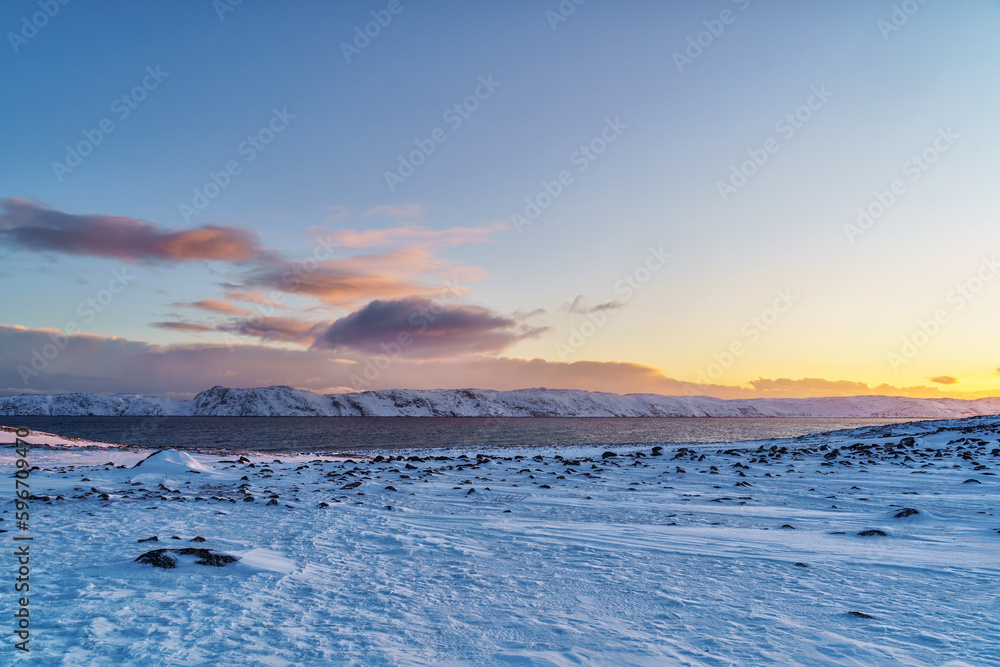 custom made wallpaper toronto digitalBright dawn on the coast of the Barents Sea in the village of Teriberka in the Murmansk region of Russia.