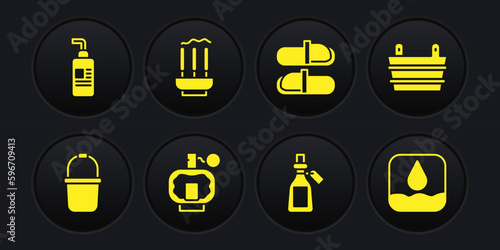 Set Sauna bucket, Aftershave, Essential oil bottle, slippers, Incense sticks, Water drop and Cream or lotion cosmetic tube icon. Vector