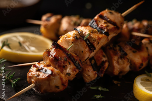 Grilled Chicken Skewer With Lemon Wedge. Generative AI photo