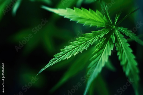 Generative AI image of green cannabis leaves growing in nature against blurred background photo