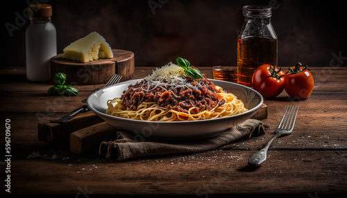 Spaghetti Bolognese With Parmesan Cheese On Wooden Table - Generative AI