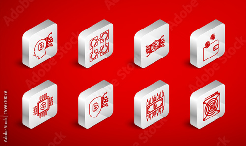 Set line ASIC Miner, Blockchain technology, Cryptocurrency bitcoin circuit, wallet, with, Bitcoin think, Shield and Processor chip dollar icon. Vector