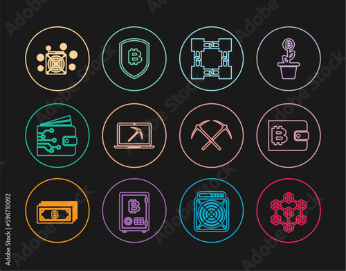 Set line Blockchain technology, Cryptocurrency wallet, Mining with laptop and pickaxe, ASIC Miner, Crossed and Shield bitcoin icon. Vector