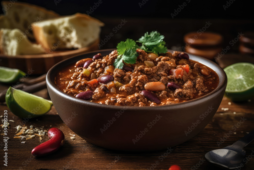 Hearty Bowl Of Chili With Beef And Beans. Generative AI Hearty Bowl Of Chili With Beef And Beans. Generative AI
