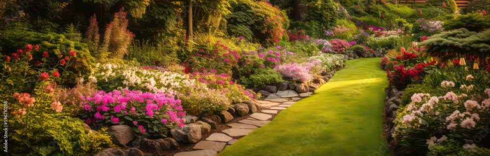 Peaceful Garden With Blooming Flowers. Generative AI Peaceful Garden With Blooming Flowers. Generative AI