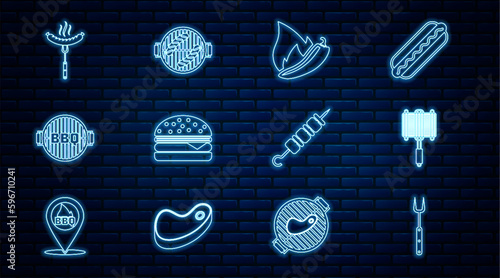Set line Barbecue fork, steel grid, Hot chili pepper pod, Burger, grill, Sausage on the, Grilled shish kebab and with sausage icon. Vector