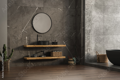 A modern bathroom with a minimal wooden vanity, oval mirror, black sink, marble ceramic walls, concrete floor, plants and baskets, bathroom accessories, and a modern anthracite bathtub. 3d rendering