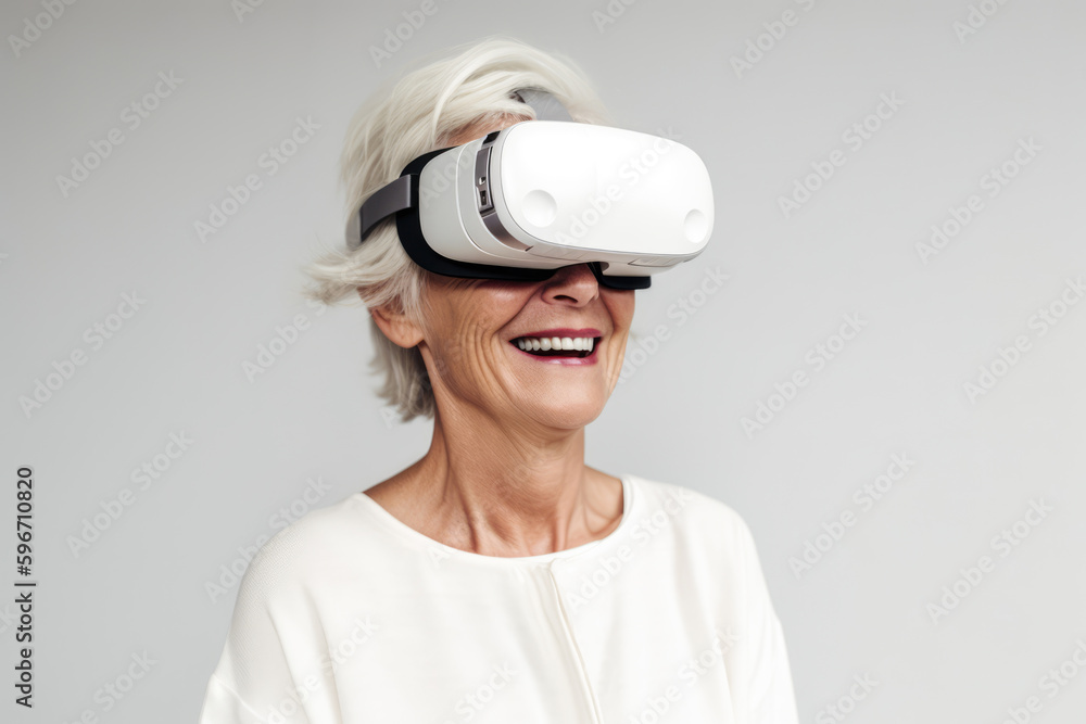 Generative AI image of a happy old lady in gray hair VR glasses experiencing the virtual reality world while against the gray background Generative AI image of a happy old lady in gray hair VR glasses experiencing the virtual reality world while against the gray background