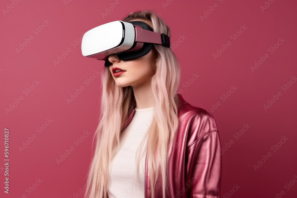 Generative AI image of engrossed young female with blond hair in VR goggles exploring virtual reality and experiencing another world against pink background Generative AI image of engrossed young female with blond hair in VR goggles exploring virtual reality and experiencing another world against pink background