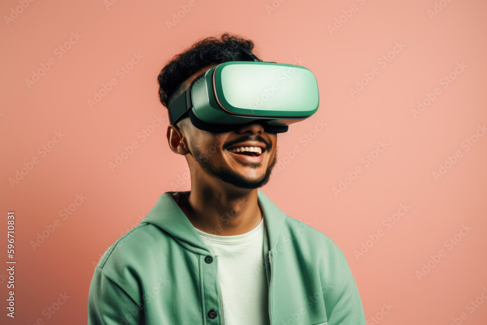 Generative AI image of a young black male styled man in VR glasses experiencing the world in virtual reality while standing against a pink background Generative AI image of a young black male styled man in VR glasses experiencing the world in virtual reality while standing against a pink background