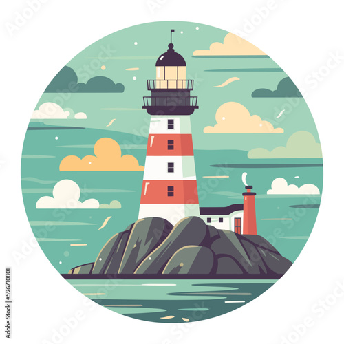 Image of a lighthouse on a mountain and ocean view. Vector illustration.