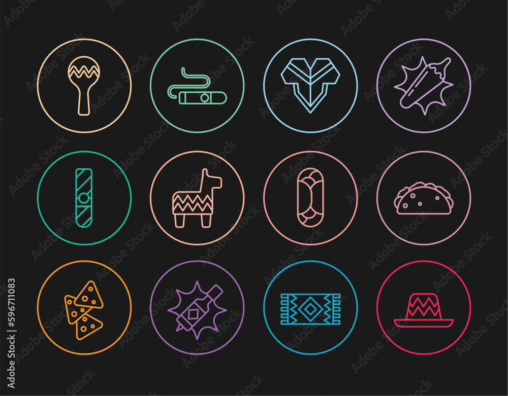 Set line Mexican sombrero, Taco with tortilla, Poncho, Pinata, Cigar, Maracas, Burrito and icon. Vector Set line Mexican sombrero, Taco with tortilla, Poncho, Pinata, Cigar, Maracas, Burrito and icon. Vector