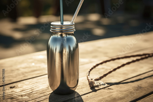 Reusable Water Bottle And Metal Straw. Earth Day. Generative AI photo