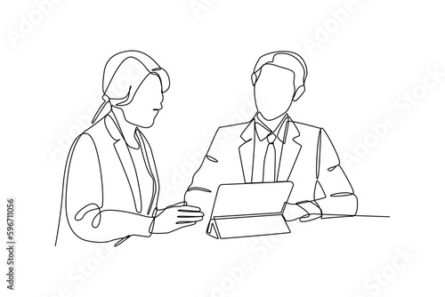 Continuous one line drawing Clerks Providing Service to Customers. Banking concept. Single line draw design vector graphic illustration.