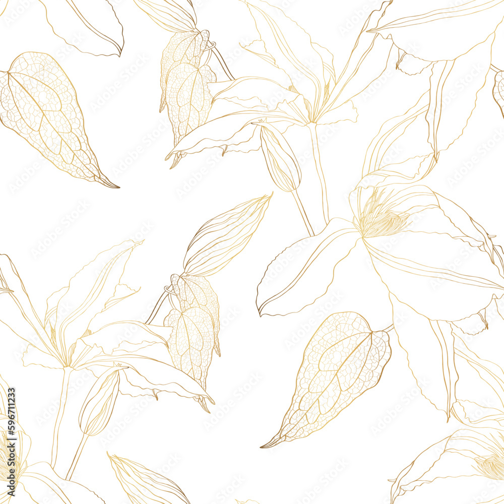 Golden clematis flowers Background Illustration. Tropical line flowers seamless pattern.  Exotic hawaiian jungle, summer time. 