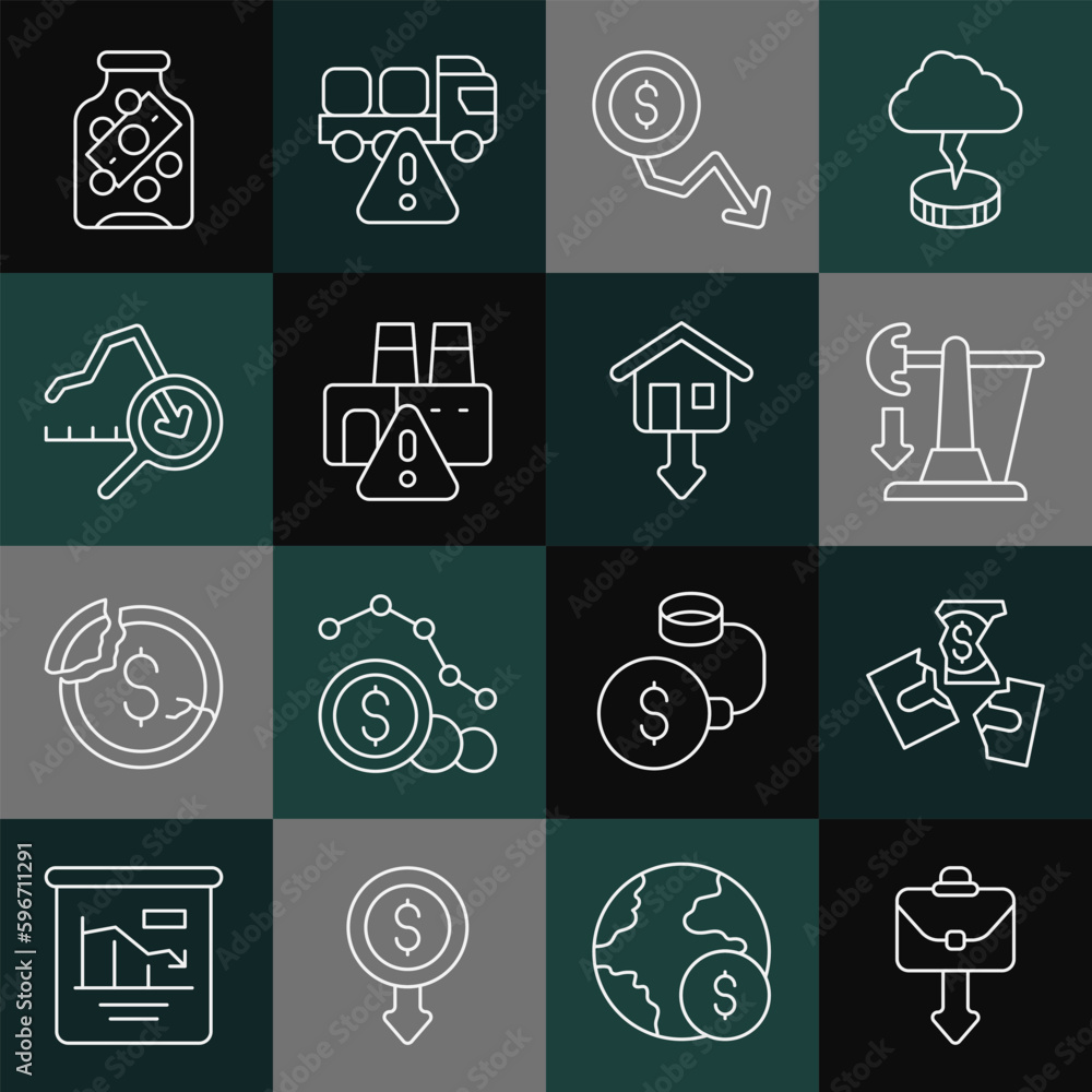 Set line Briefcase, Tearing money banknote, Drop crude oil price, Dollar rate decrease, Shutdown of factory, Global economic crisis, Glass jar with coin and Falling property prices icon. Vector Set line Briefcase, Tearing money banknote, Drop crude oil price, Dollar rate decrease, Shutdown of factory, Global economic crisis, Glass jar with coin and Falling property prices icon. Vector