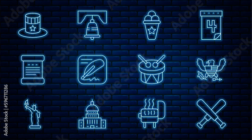 Set line Crossed baseball bat, Eagle, Ice cream in waffle cone, Declaration of independence, Patriotic American top hat, Drum and drum sticks and Liberty bell Philadelphia icon. Vector