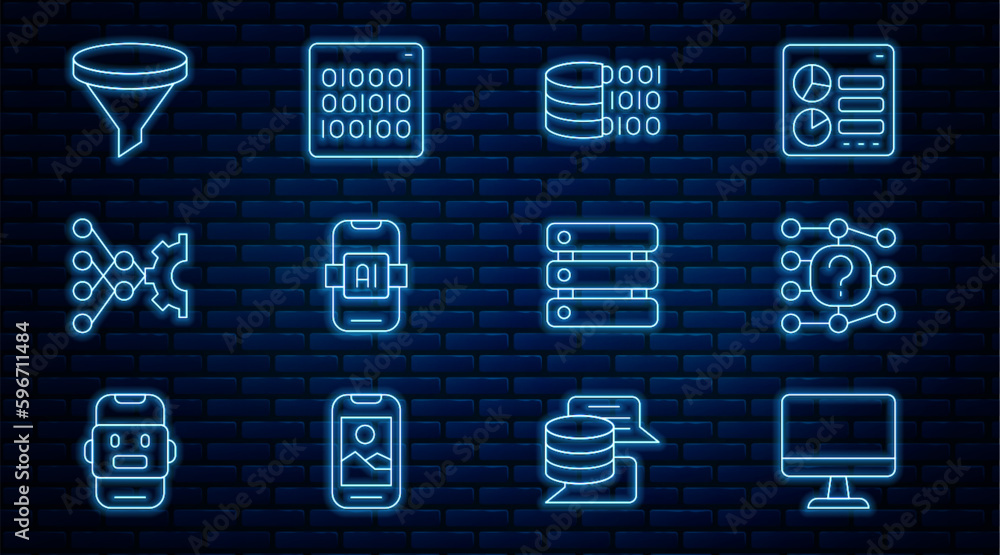 Set line Computer monitor, Neural network, Binary code, Artificial intelligence AI, Funnel filter, Server, Data and icon. Vector Set line Computer monitor, Neural network, Binary code, Artificial intelligence AI, Funnel filter, Server, Data and icon. Vector