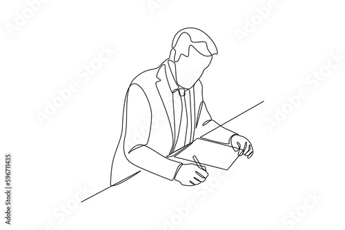 Continuous one line drawing clerk bank makes note . Banking concept. Single line draw design vector graphic illustration.