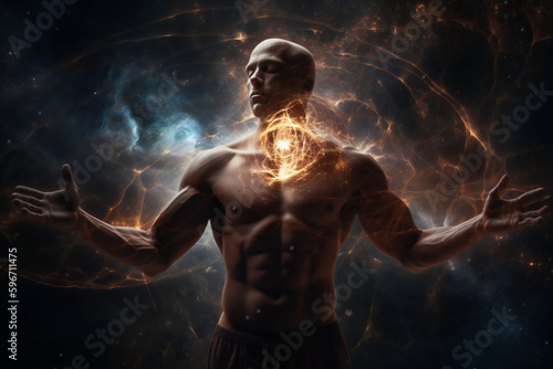 Man handling and harnessing the power of the universe or the interior spiritual power. Ai generated. © Andrei