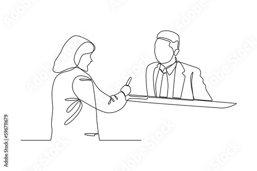 Continuous one line drawing Clerks Providing Service to Customers. Banking concept. Single line draw design vector graphic illustration.