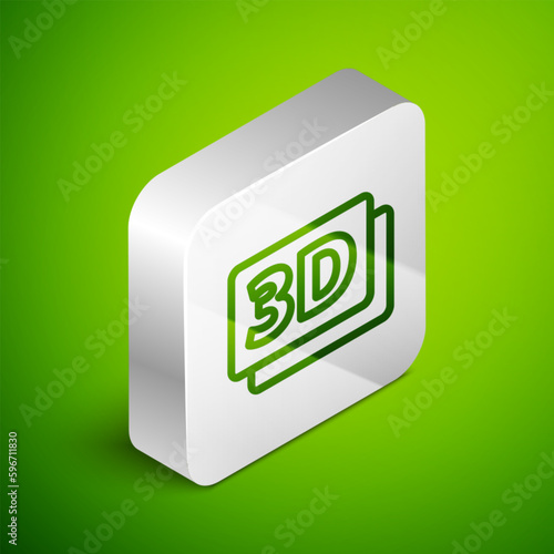 Isometric line 3D word icon isolated on green background. Silver square button. Vector