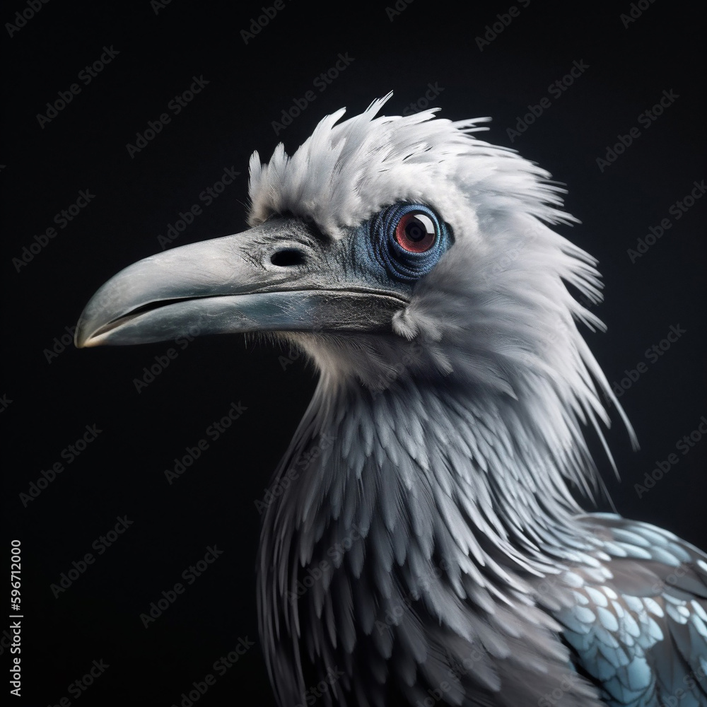 Close-up portrait headshot of an Indian or African grey hornbill with a white head on a black background and looking directly at the camera. Generative AI. Close-up portrait headshot of an Indian or African grey hornbill with a white head on a black background and looking directly at the camera. Generative AI.